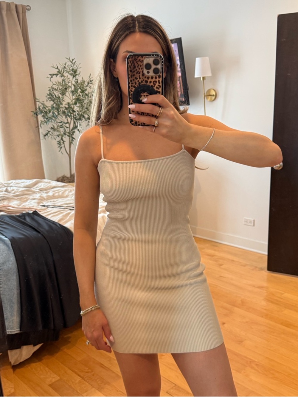 Aritzia Ribbed Spaghetti-Strap Mini Dress - Beige